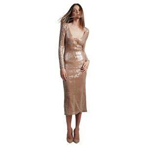 Bardot Verona Sequin Maxi Dress US Size 10 Long Sleeve Tie Back Champagne